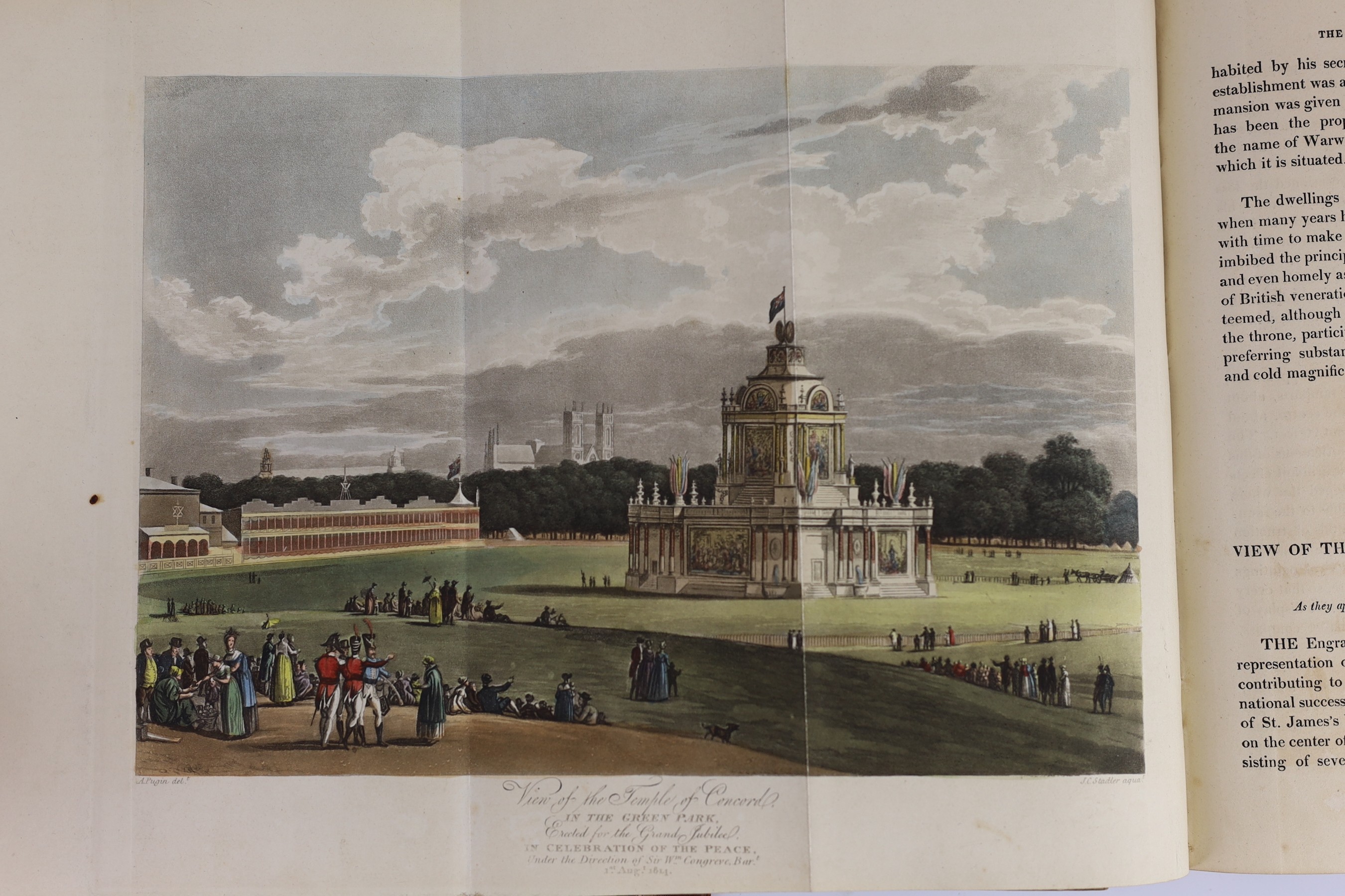 Papworth, John Buonarotti - Select Views of London, 1st edition in book form, 8vo, diced calf, with 76 hand-coloured plates, 5 of which are folding, R. Ackermann, London, 1816